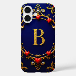 ハートに囲まれたエレガントな金の文字B iPhone 16ケース