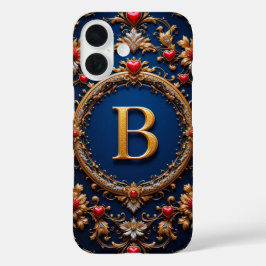 ハートに囲まれたエレガントな金の文字B iPhone 16ケース