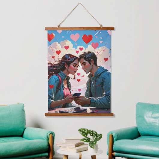 ハートに愛するカップル飛んでいる – ウォールタペストリー (リビング)
