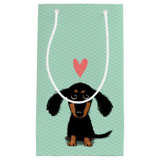 ハートのおもしろいな長い髪のダックスフントの子犬 スモールペーパーバッグ (正面)