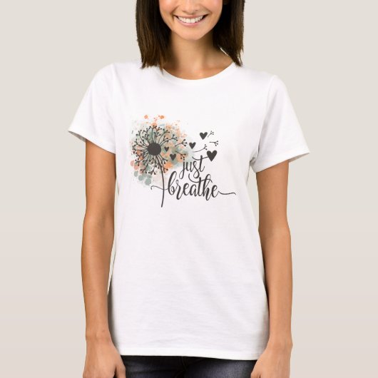 ハートのたんぽぽ Just Breathe ヨガ Tシャツ (正面)