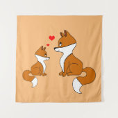 ハートのついたかわいい狐の手描きイラスト タペストリー (正面)