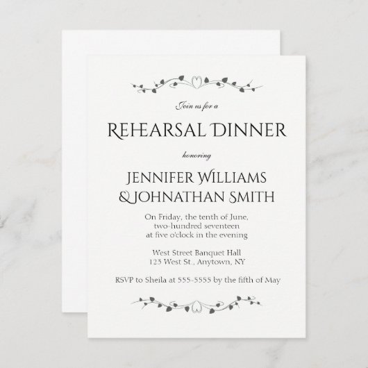 ハートのつる植物のリハーサルの夕食の招待状 招待状 (正面/裏面)