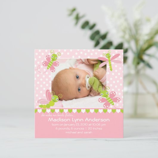 ハートのなびき女の赤ちゃんの写真の発表 案内状 (スタンド正面)