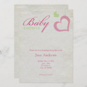 ハートのひものベビーシャワー-ピンク及び緑 招待状 (正面/裏面)