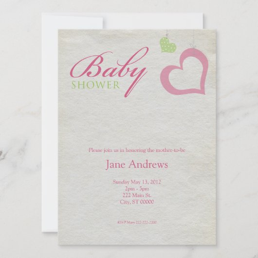 ハートのひものベビーシャワー-ピンク及び緑 招待状 (正面)