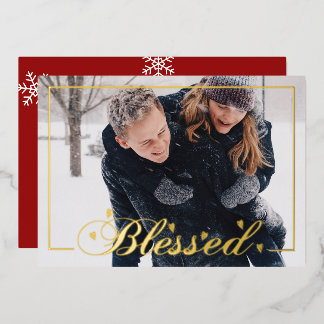 ハートのアクセントが付いた"Blessed"のクリスマスフォトカード 箔シーズンカード