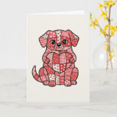 ハートのイラストがついたパッチワークの子犬 カード (黄色い花)
