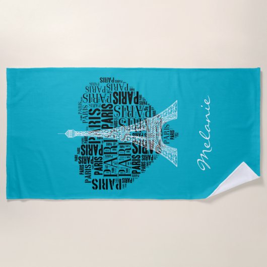 ハートのエッフェル塔及び銘刻文字パリ ビーチタオル (正面)