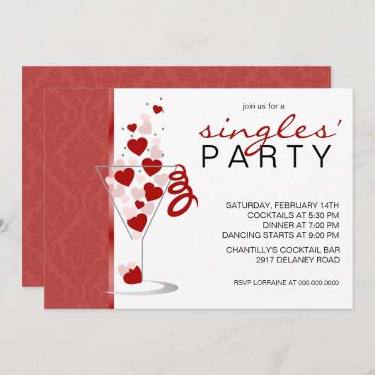 ハートのカクテルグラスはパーティの招待状を選抜しました 招待状 (正面/裏面)