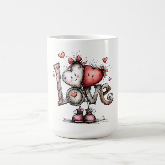 ハートのキャラクターイラストとLOVE コーヒーマグカップ (中央)