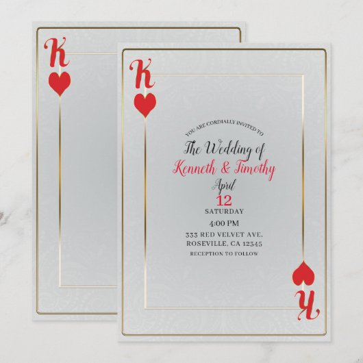 ハートのキングの白と赤のカード エレガントな結婚式 招待状 (正面/裏面)