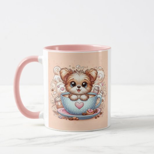 ハートのコーヒーカップに入ったかわいい子犬 マグカップ (左)