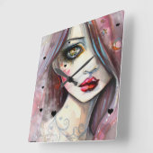 ハートのゴシックファンタジーアートの少女 スクエア壁時計 (傾斜)