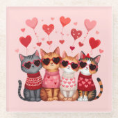 ハートのサングラスをかけたかわいいバレンタイン猫ちゃん ガラスコースター (正面)