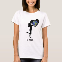 ハートのシルエットと地球儀を持つ女性 Tシャツ