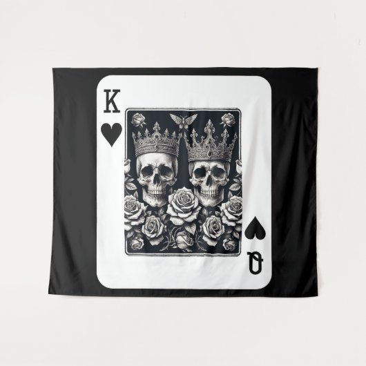 ハートのスカルとバラのロイヤル キング & クイーン タペストリー (正面(横))