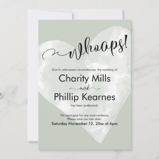 ハートのセージ・グリーン・ウープス！延期さ結婚れたカード (正面)