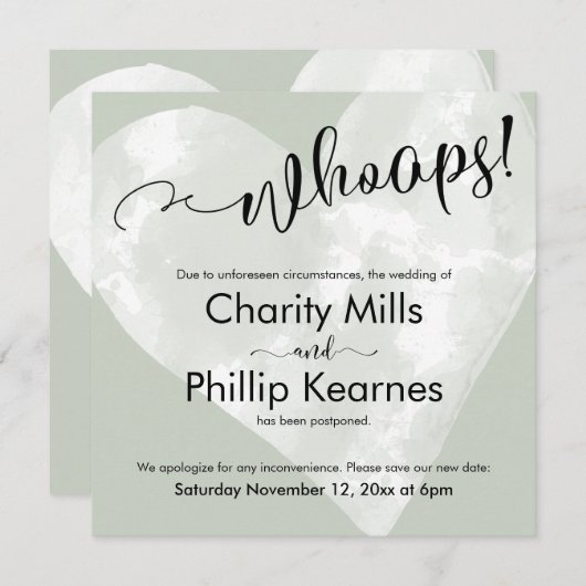 ハートのセージ・グリーン・ウープス!延期さ結婚れたカード (正面/裏面)