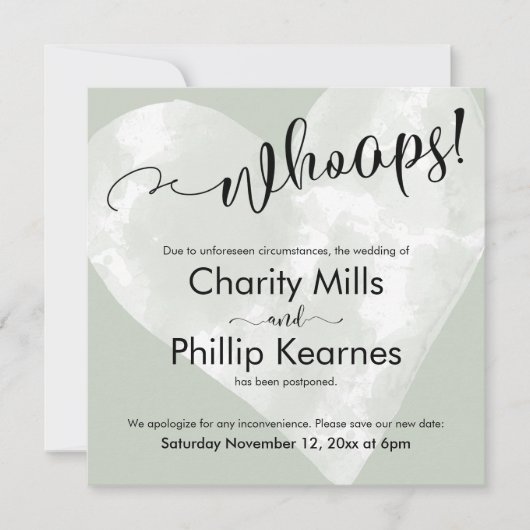 ハートのセージ・グリーン・ウープス！延期さ結婚れたカード (正面)