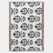 ハートのダマスク織の白の大きいPtn IIの黒 スローブランケット (正面縦)