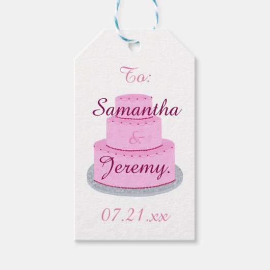ハートのデコレーションが付いたピンクのケーキ パーソナライズされたギフトタグ ギフトタグ (正面)