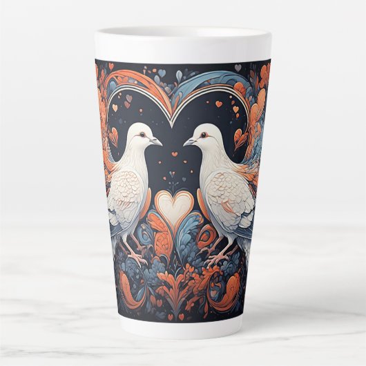 ハートのデザインが施された鳩のモザイクアート カフェラテマグ (正面)