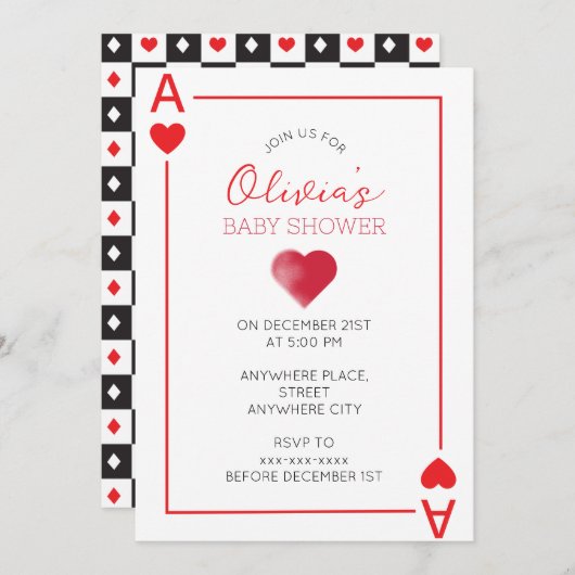 ハートのトランプを使ったベイビーシャワー 招待状 (正面/裏面)