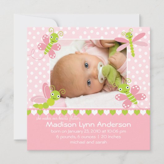 ハートのドキドキ 赤ちゃん女の子の写真お知らせ 案内状 (正面)