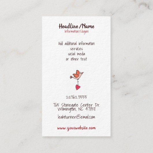 ハートのハートから鳥のイラストレーションを持つ木 名刺 (裏面)