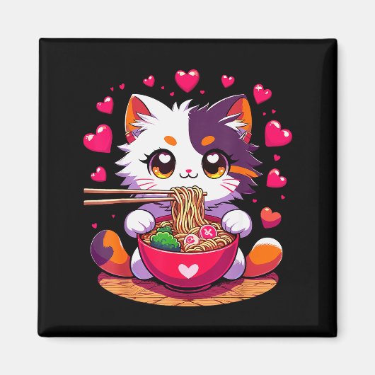 ハートのバレンタインアニメ猫ラーメン マグネット (正面)