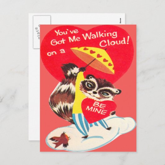 ハートのバレンタインカードを持つヴィンテージのレトロのアライグマ シーズンポストカード (正面/裏面)