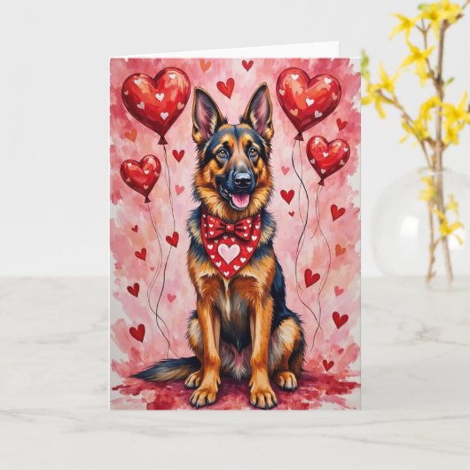 ハートのバレンタインデーのベルギーシェパード犬 カード (黄色い花)