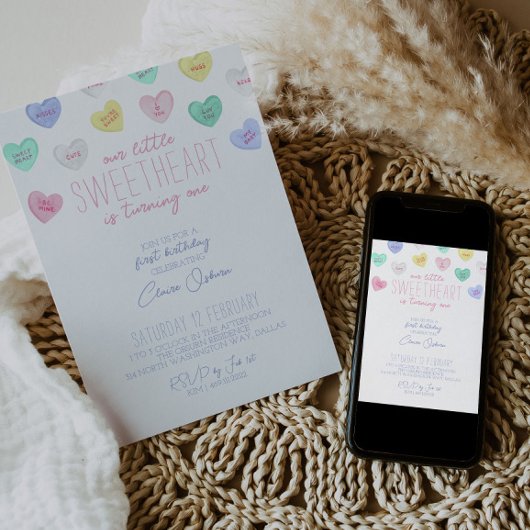 ハートのバレンタインデー1歳誕生日招待状 招待状
