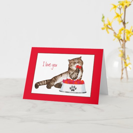 ハートのバレンタインデー ストライプ猫 カード (黄色い花)