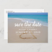 ハートのビーチサンドウェディング日付を保存 案内ポストカード (正面/裏面)