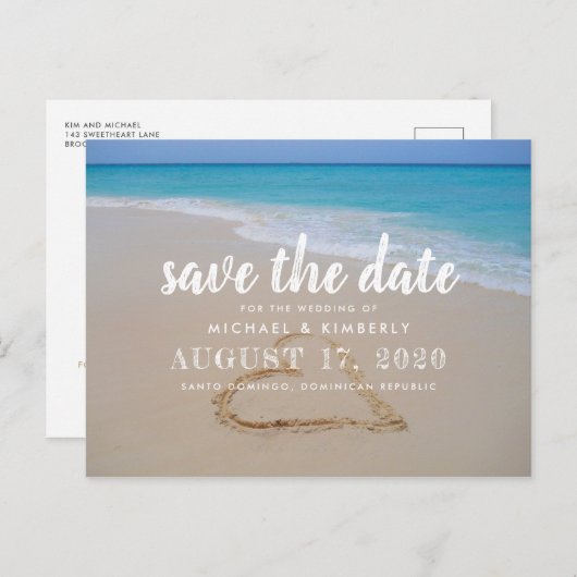 ハートのビーチサンドウェディング日付を保存 案内ポストカード (正面/裏面)