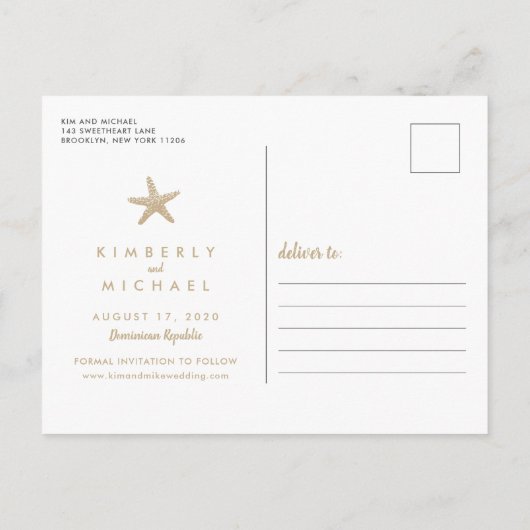 ハートのビーチサンドウェディング日付を保存 案内ポストカード (裏面)