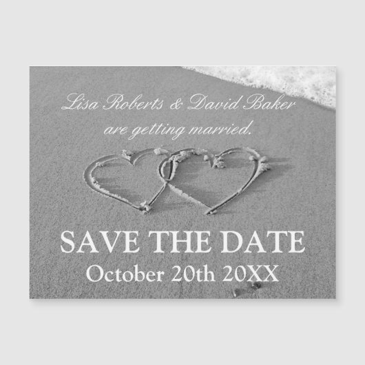 ハートのビーチフォトマグネットの日付カードを保存 (正面)