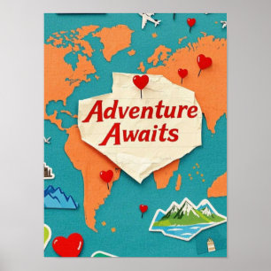 ハートのピンが付いた世界地図を旅しよう ポスター