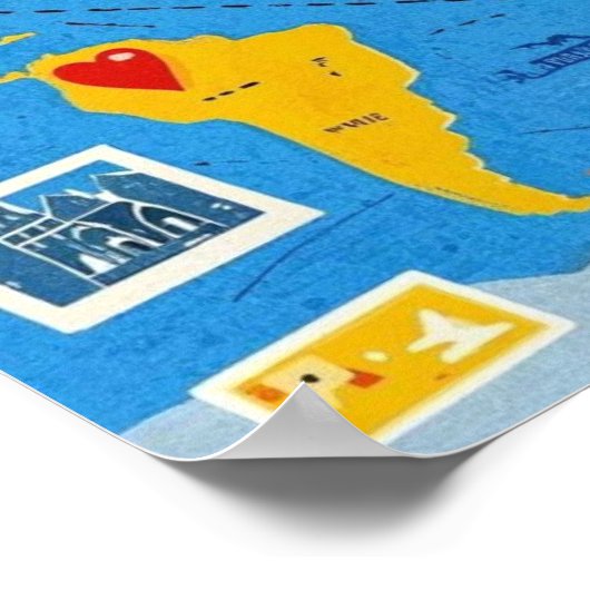 ハートのピンとランドマークでいっぱいの世界地図 ポスター (角)