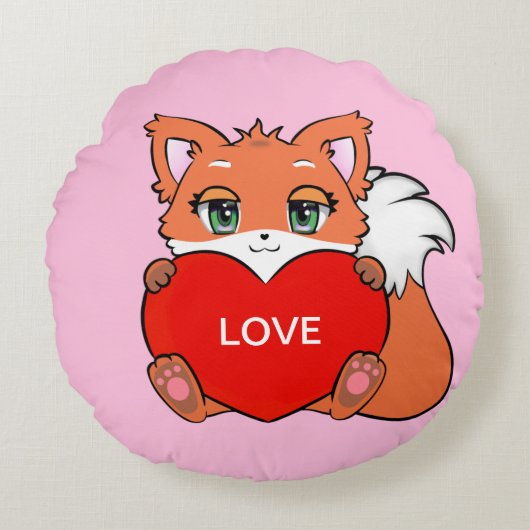 ハートのピンクの子ぎつね ラウンドクッション (正面)