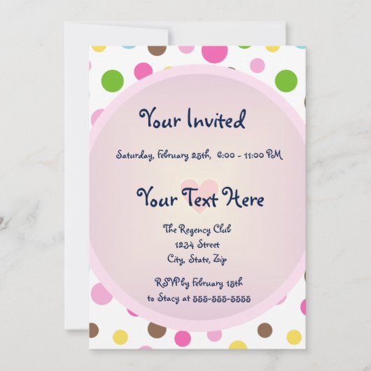 ハートのピンクの水玉模様 招待状 (正面)