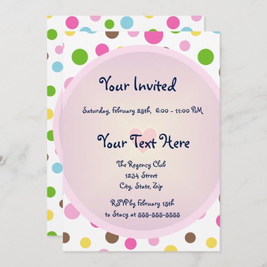 ハートのピンクの水玉模様 招待状 (正面/裏面)