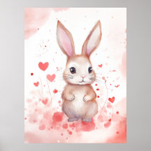 ハートのピンクの鼻と茶色の目をしたウサギのパステルカラー,可愛いウサギのポスター。BunnyArtD