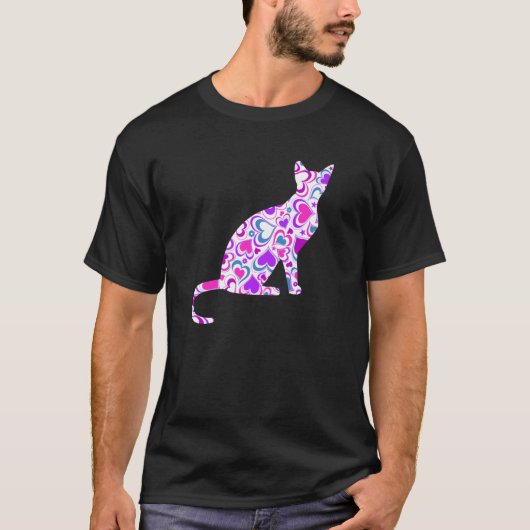ハートのピンクパープルキャット、可愛い猫の長袖 Tシャツ (正面)
