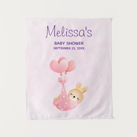 ハートのブランケットに包まれたかわいい赤ちゃんウサギのベビーシャワー タペストリー (正面)