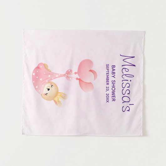 ハートのブランケットに包まれたかわいい赤ちゃんウサギのベビーシャワー タペストリー (正面(横))