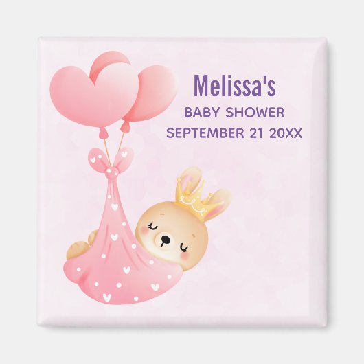 ハートのブランケットに包まれたかわいい赤ちゃんウサギのベビーシャワー マグネット (正面)