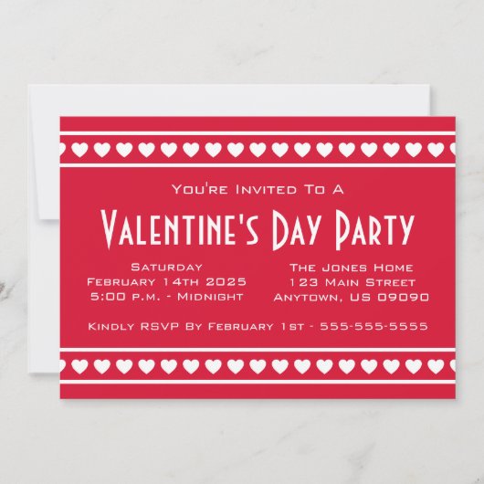 ハートのボーダーValetineの日(赤い/白) 招待状 (正面)